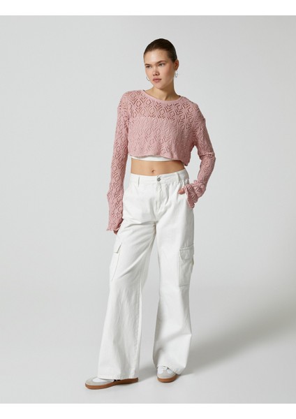 Crop Ajurlu T-Shirt Geniş Uzun Kollu Bisiklet Yaka Rahat Kalıp fiyatları
