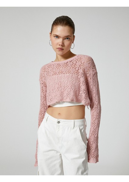 Crop Ajurlu T-Shirt Geniş Uzun Kollu Bisiklet Yaka Rahat Kalıp modelleri