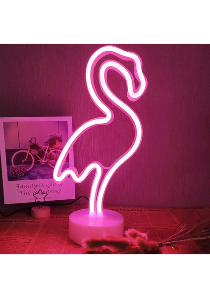 Coverzone Flamingo Neon Led Işık Iç Mekan Aydınlatma USB Kablosu Yada Pilli Kullanıma Uygun Şık Hediyelik Veya Parti Organizasyonlarda Kullanım Neon LED Işık 32CM Yükseklik