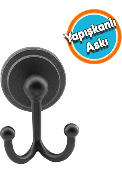 Siyah Renk Metal Sağlam Aparat Bornoz Havlu Asma Askı Banyo Lavabo Çatal Yapışkanlı 2'li Askılık