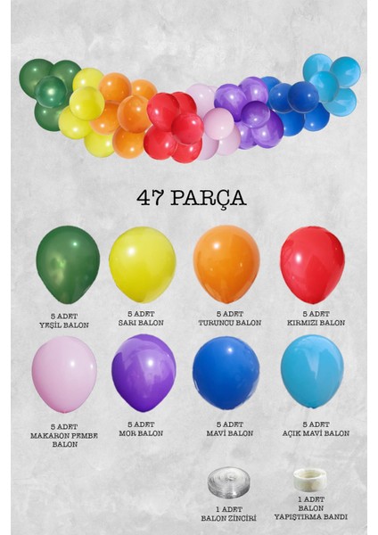 Gökkuşağı Konsept Balon Zinciri Gökkuşağı Tema Parti Balon Seti 47 Parça fiyatları