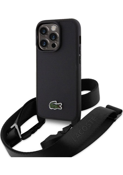 iPhone 14 Pro Max Kılıf Lacoste Orjinal Lisanslı Pu Pike Desen Askılı Ikonik Timsah Logolu Siyah