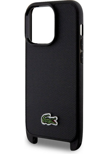 iPhone 14 Pro Max Kılıf Lacoste Orjinal Lisanslı Pu Pike Desen Askılı Ikonik Timsah Logolu Siyah