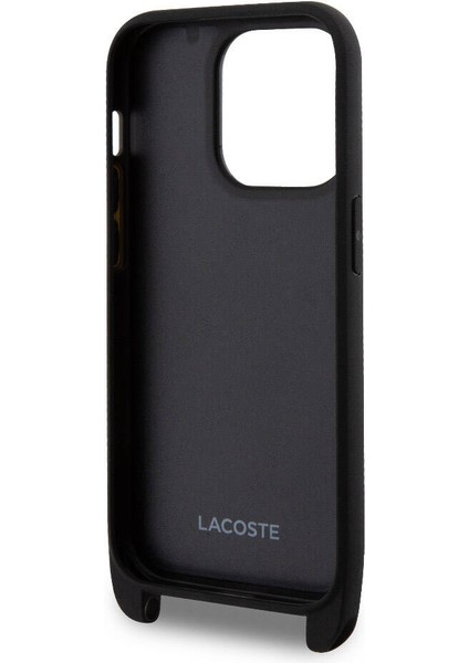 iPhone 14 Pro Max Kılıf Lacoste Orjinal Lisanslı Pu Pike Desen Askılı Ikonik Timsah Logolu Siyah
