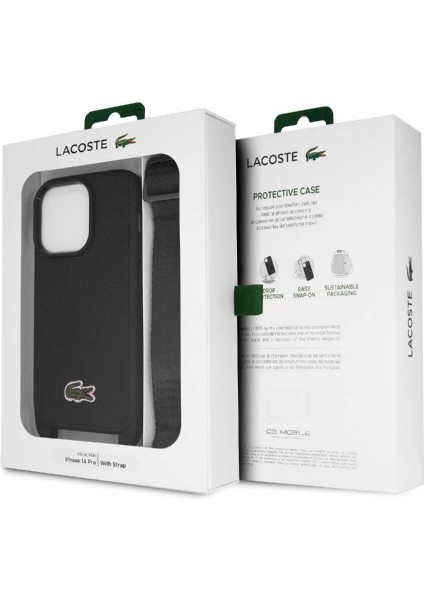 iPhone 14 Pro Max Kılıf Lacoste Orjinal Lisanslı Pu Pike Desen Askılı Ikonik Timsah Logolu Siyah