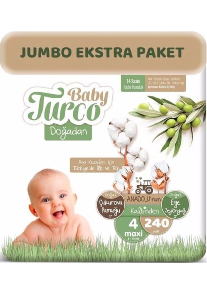 Aby Turco Bebek Bezi Doğadan Beden:4 (8-14 Kg) Maxi 240 Adet Eko Bonus Paket