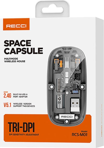 Multimod Kablosuz Mouse Recci RCS-M01 Space Capsule Serisi Şeffaf Tasarımlı Fare Tak Çalıştır