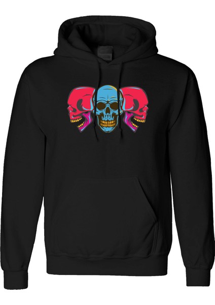 Three Skull Kurukafa Tasarım Dijital Baskılı 3 Iplik Şardonlu Unisex Kapüşonlu Hoodie Sweatshirt