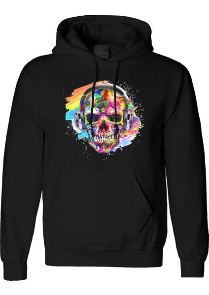 Earphone Skull Tasarım Dijital Baskılı 3 Iplik Şardonlu Unisex Kapüşonlu Hoodie Sweatshirt