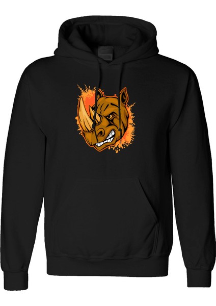 Gergedan Tasarım Dijital Baskılı 3 Iplik Şardonlu Unisex Kapüşonlu Hoodie Sweatshirt