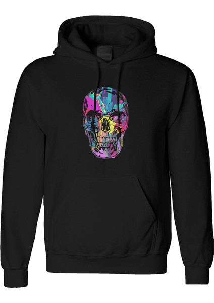 Colored Skull Tasarım Dijital Baskılı 3 Iplik Şardonlu Unisex Kapüşonlu Hoodie Sweatshirt