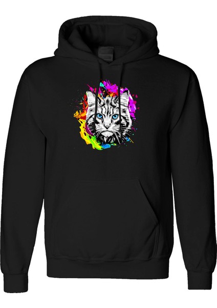 Cat Color Tasarım Dijital Baskılı 3 Iplik Şardonlu Unisex Kapüşonlu Hoodie Sweatshirt