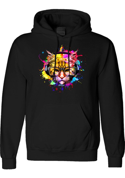 Cat Music Tasarım Dijital Baskılı 3 Iplik Şardonlu Unisex Kapüşonlu Hoodie Sweatshirt