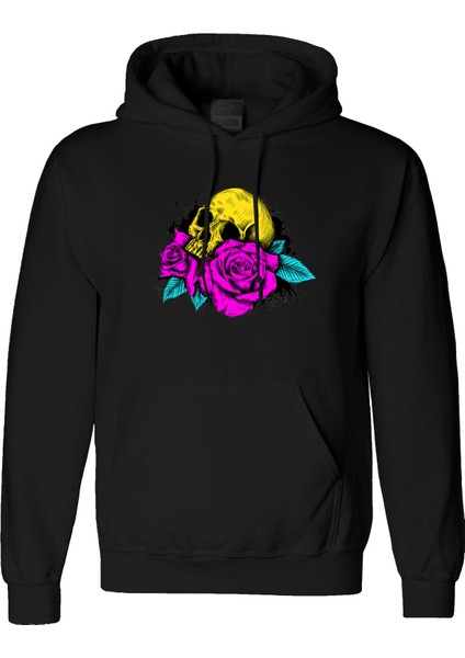 Trose Skull Asarım Dijital Baskılı 3 Iplik Şardonlu Unisex Kapüşonlu Hoodie Sweatshirt