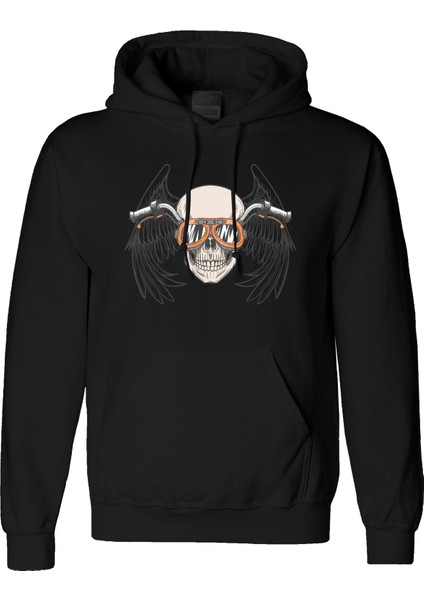 Moto Skull Tasarım Dijital Baskılı 3 Iplik Şardonlu Unisex Kapüşonlu Hoodie Sweatshirt