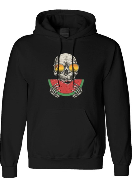 Skull Watermelon Tasarım Dijital Baskılı 3 Iplik Şardonlu Unisex Kapüşonlu Hoodie Sweatshirt
