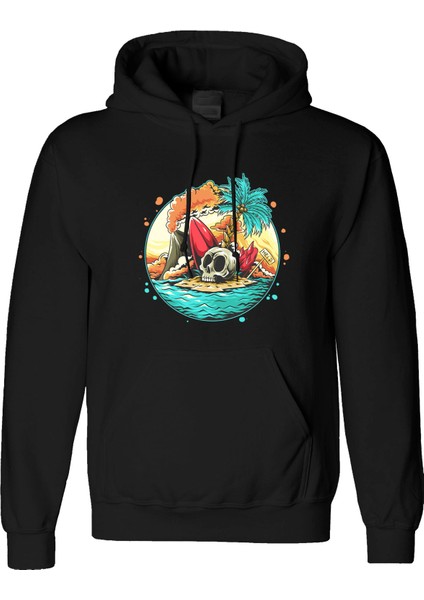 Skull Island Tasarım Dijital Baskılı 3 Iplik Şardonlu Unisex Kapüşonlu Hoodie Sweatshirt