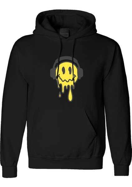 Smile Earphone Tasarım Dijital Baskılı 3 Iplik Şardonlu Unisex Kapüşonlu Hoodie Sweatshirt