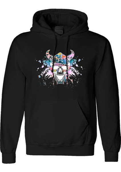 Skull Viking Tasarım Dijital Baskılı 3 Iplik Şardonlu Unisex Kapüşonlu Hoodie Sweatshirt