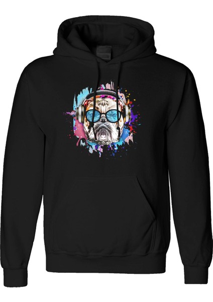 Bulldog Tasarım Dijital Baskılı 3 Iplik Şardonlu Unisex Kapüşonlu Hoodie Sweatshirt