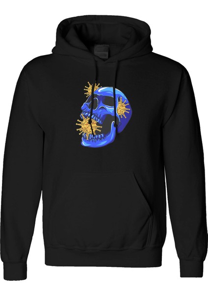 Skull Virüs Tasarım Dijital Baskılı 3 Iplik Şardonlu Unisex Kapüşonlu Hoodie Sweatshirt