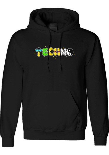 Techno Tasarım Dijital Baskılı 3 Iplik Şardonlu Unisex Kapüşonlu Hoodie Sweatshirt