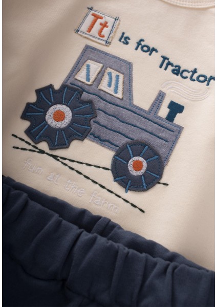 Traktör Aplikeli Sweatshirt Takım Ekru