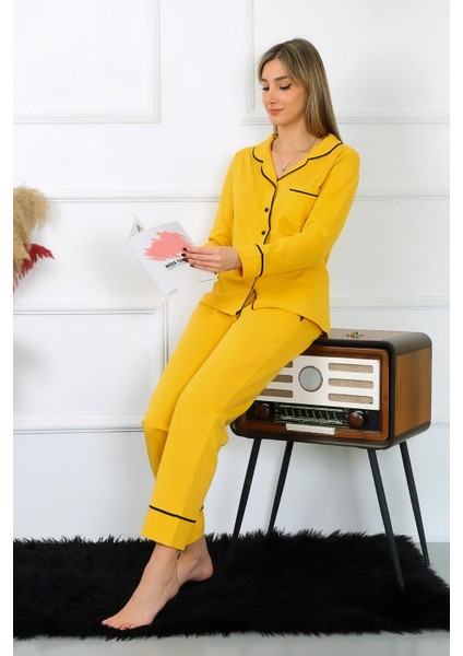 Kadın Pamuk Penye Önden Düğmeli Uzun Kol Sarı Pijama Takım 2782