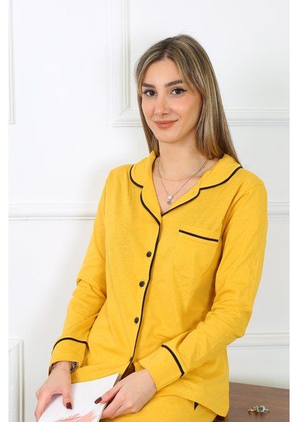 Kadın Pamuk Penye Önden Düğmeli Uzun Kol Sarı Pijama Takım 2782 fırsatları