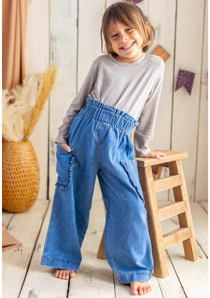 Cebi Fırfırlı Bol Kesim Kot Pantolon 2-7 Yaş Mavi