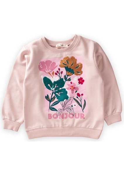 Çiçek Baskılı Pullu Sweatshirt 1-6 Yaş Pudra