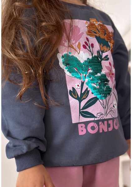 Çiçek Basdkılı Pullu Sweatshirt 1-6 Yaş Lacivert