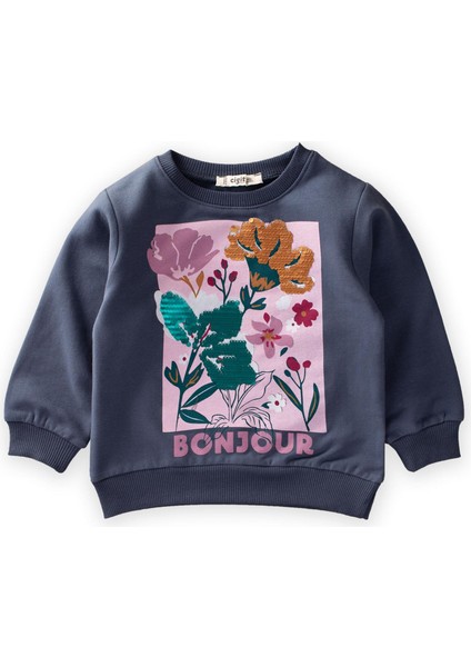 Çiçek Basdkılı Pullu Sweatshirt 1-6 Yaş Lacivert fiyatları