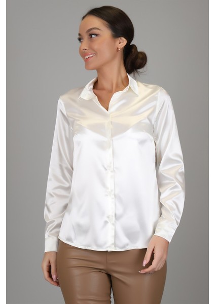 Sweetness Kadın Krem Likralı Saten Uzun Kol Abiye Gömlek