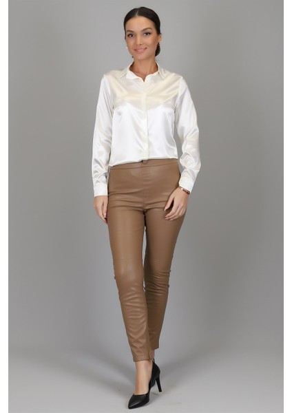 Sweetness Kadın Krem Likralı Saten Uzun Kol Abiye Gömlek modelleri