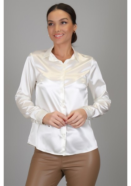 Sweetness Kadın Krem Likralı Saten Uzun Kol Abiye Gömlek fırsatları