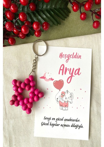 20 Adet Zincirli Ahşap Yıldız Anahtarlık Kız Bebek Hediyeliği Fil & Balon Kız Çocuk Konsept