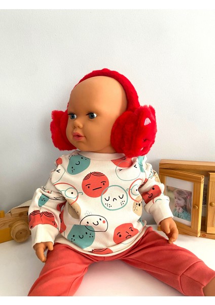 Neşeli Bebekler Kedi Desen 2-8 Yaş Arası Isıtıcı Boy Ayarlanabilir Kulaklık Kırmızı