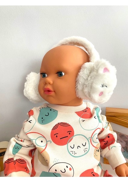 Neşeli Bebekler Kedi Desen 2-8 Yaş Arası Isıtıcı Boy Ayarlanabilir Kulaklık Beyaz