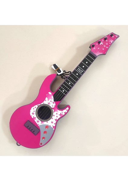 4 Telli Pembe Elektro Oyuncak Gitar Müzik Arkadaşım Çocuk Gitarı Akort Edilebilir 50 Cm.