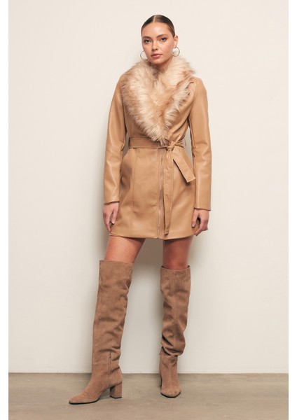Kürk Detaylı Deri Ceket - Bej fırsatları