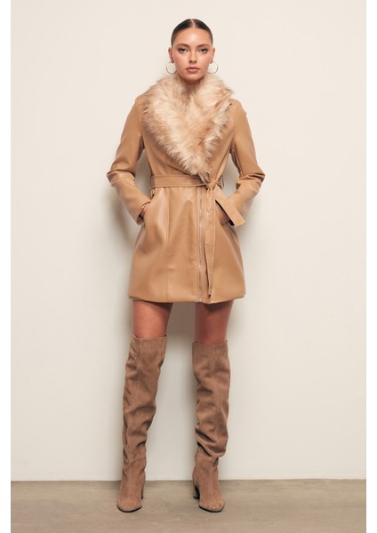 Kürk Detaylı Deri Ceket - Bej indirimleri
