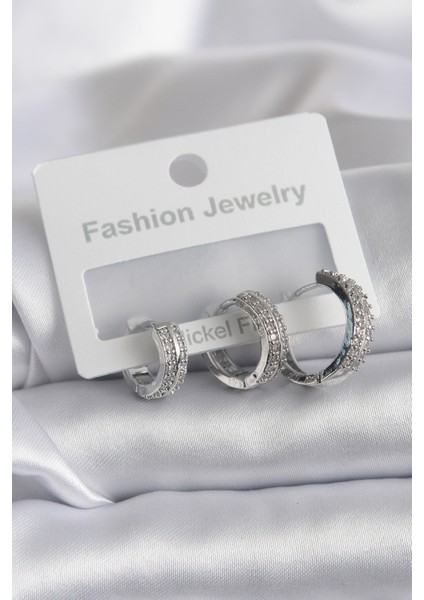 Pirinç Gümüş Renk Zirkon Taş Detay Halka Model Kadın Küpe