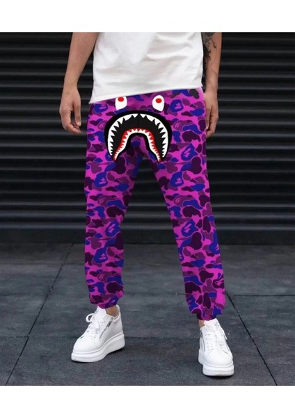 Erkek Bape Shark Dijital Baskılı Eşofman Altı - Mor