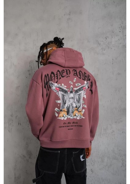 Erkek Kordon Ipli Baskılı Kapüşonlu Sweatshirt - Gül Kurusu