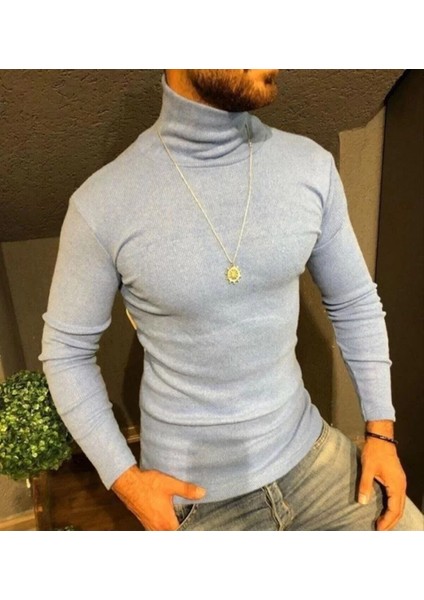 Erkek Kaşkorse Boğazlı Full Likralı Fitilli Body Kazak - Gri