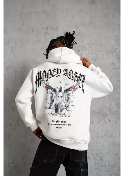 Erkek Kordon Ipli Baskılı Kapüşonlu Sweatshirt - Beyaz