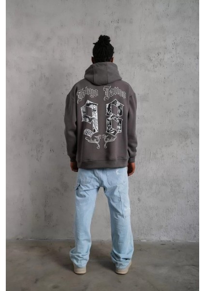 Erkek 98 Baskılı Kapşonlu Sweat - Gri