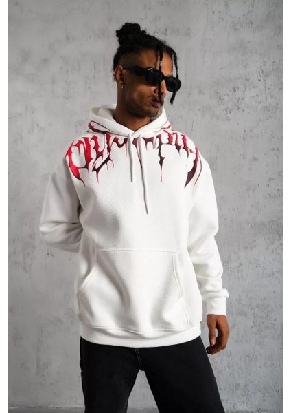Erkek Ön ve Arka Baskılı Kapüşonlu 3 Iplik Sweatshirt - Beyaz