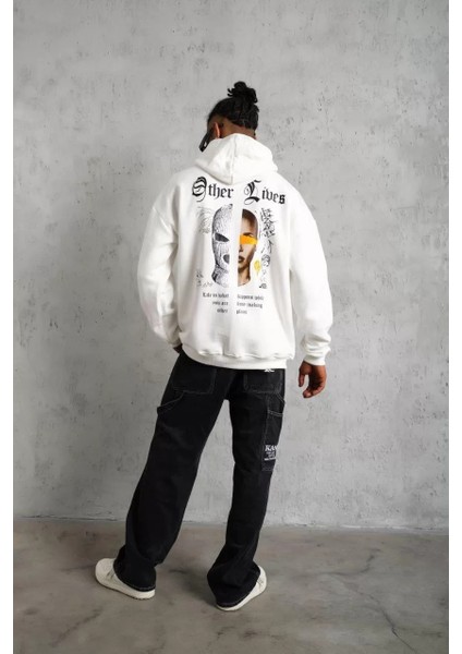 Erkek Sırt Baskılı Oversize Üç Iplik Kapüşonlu Sweatshirt - Beyaz fırsatları